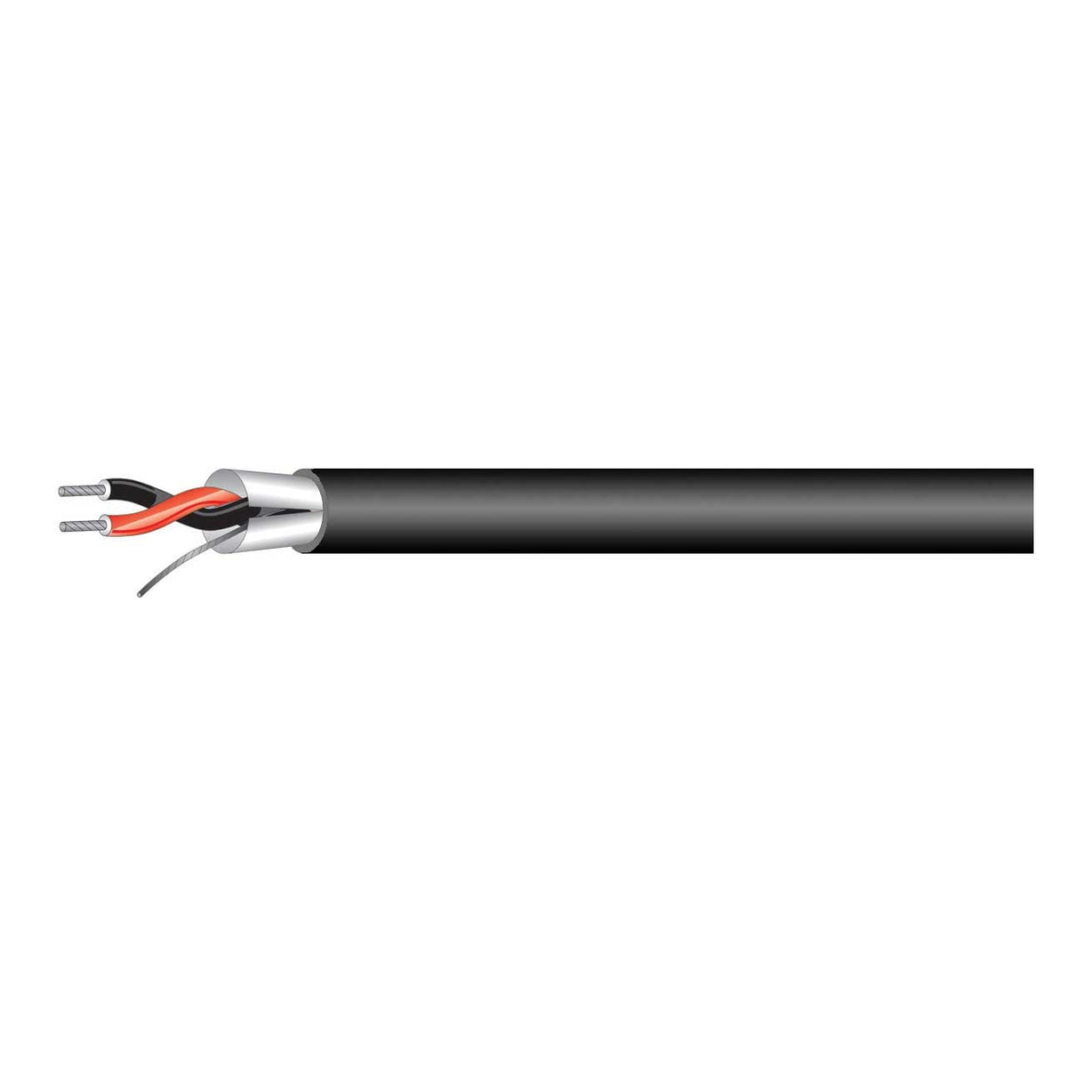 West Penn 454 black miniature line level audio cable with stripped end showing red and black conductors, foil shield and drain wire