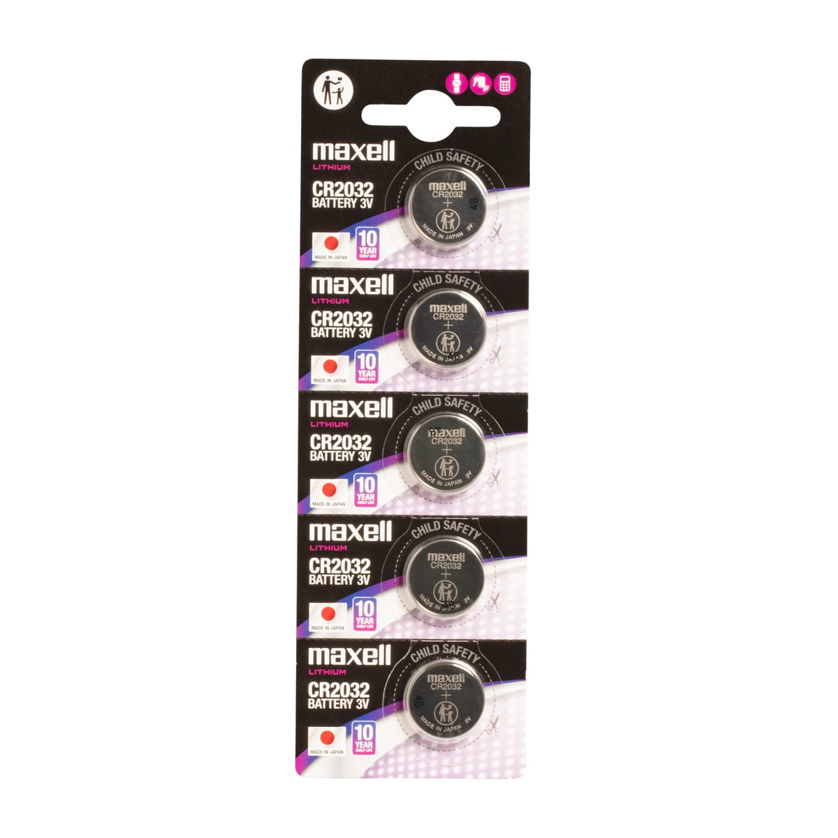 Maxell CR2032 3V lithium coin cell batteries on blister card