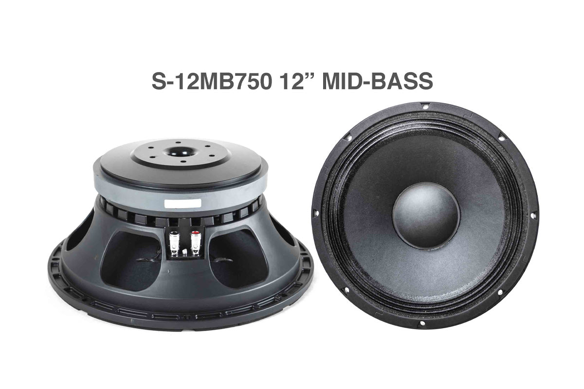 SPYN S-12MB750 12-inch mid-bass speaker, rear and front views