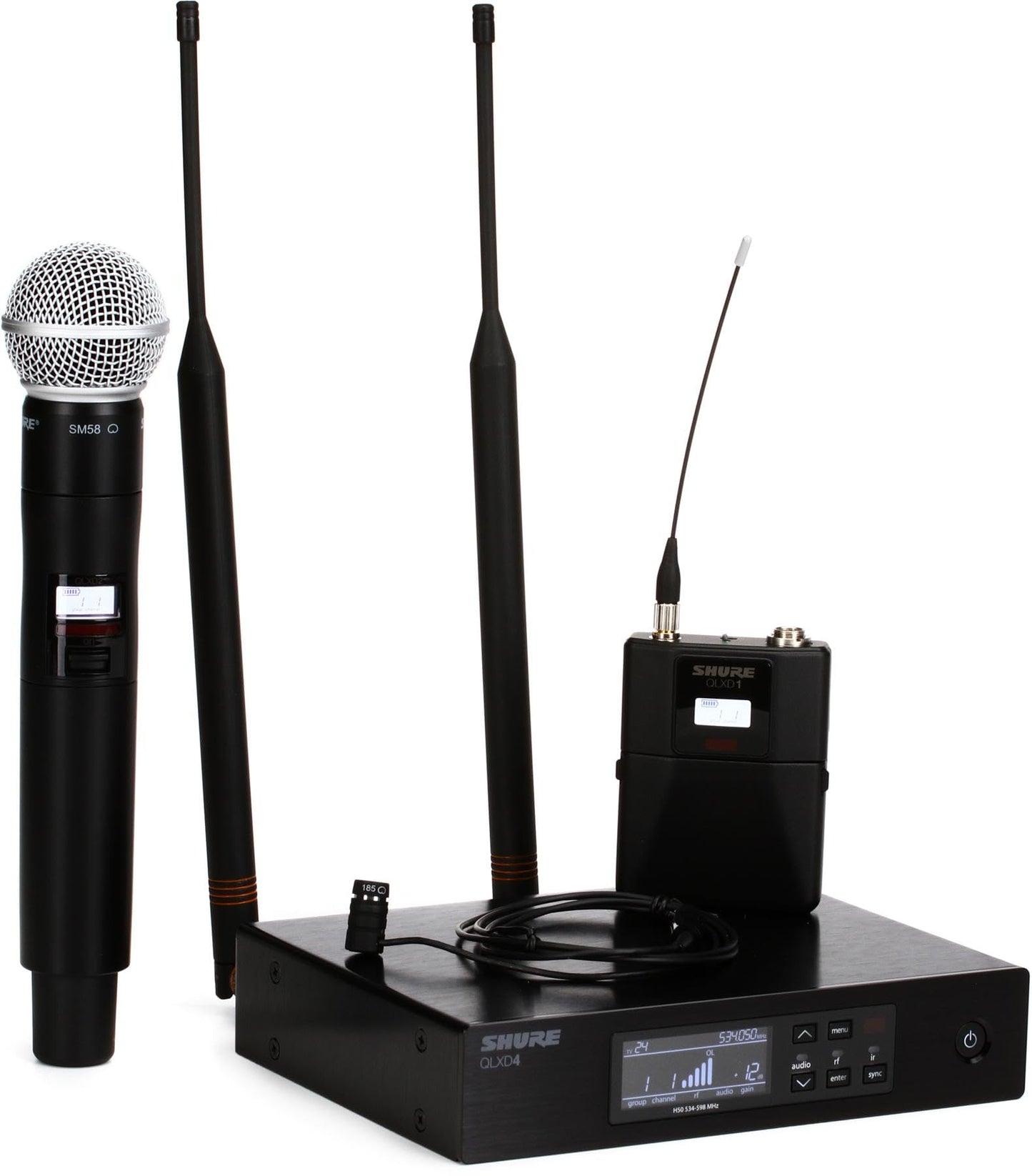 Shure QLXD12485-L50 QLXD with SM58 Handheld Wireless Microphone Transmitter WL185 Lavalier Microphone QLXD1 Bodypack Transmitter and QLXD4 Receiver - J50A Band 572-608 + 614-616MHz