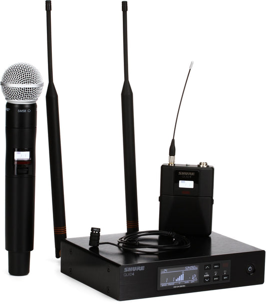 Shure QLXD12485-L50 QLXD with SM58 Handheld Wireless Microphone Transmitter WL185 Lavalier Microphone QLXD1 Bodypack Transmitter and QLXD4 Receiver - J50A Band 572-608 + 614-616MHz