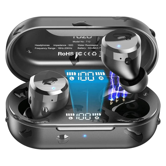 TOZO T12 wireless earbuds with LED display case, black