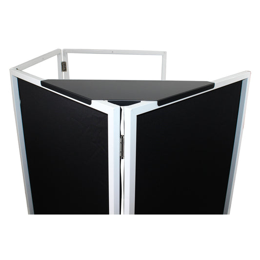 ProX XF-CSBX2 black aluminium corner shelves mounted on a DJ facade