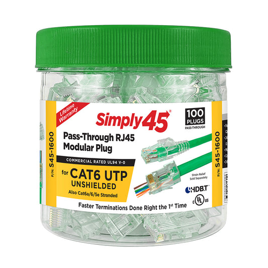 Simply45 S45-1600 Cat6 pass-through RJ45 plugs, 100-piece jar