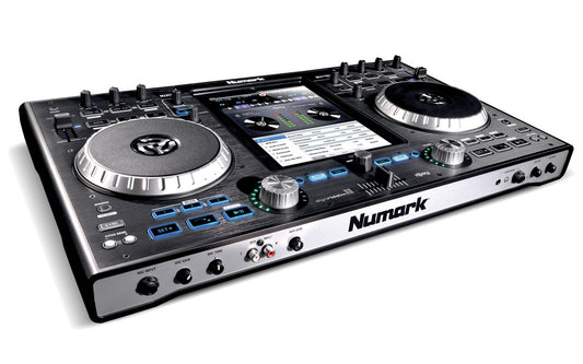 Numark iDJ Pro DJ controller with docked iPad, angled view showing two platters and brushed aluminum casing