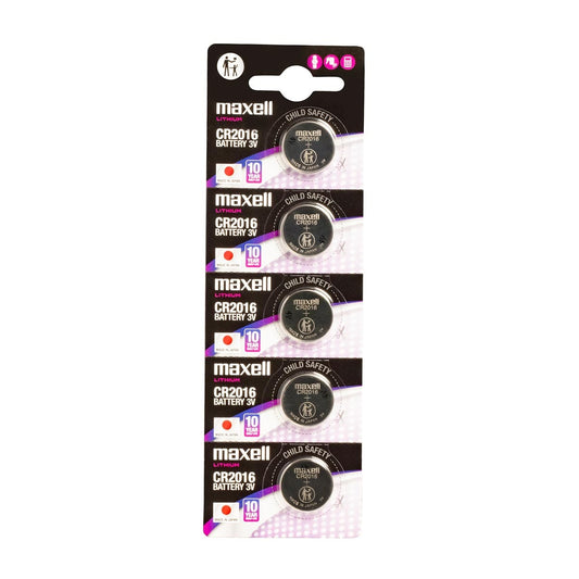 Maxell CR2016 3V lithium coin cell batteries on blister card