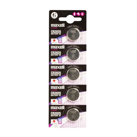 Maxell CR2025 3V lithium coin cell batteries on blister card