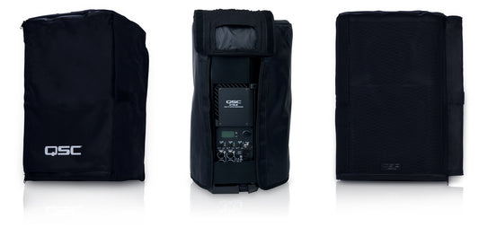 QSC K12 Outdoor Cover, front, side and back views